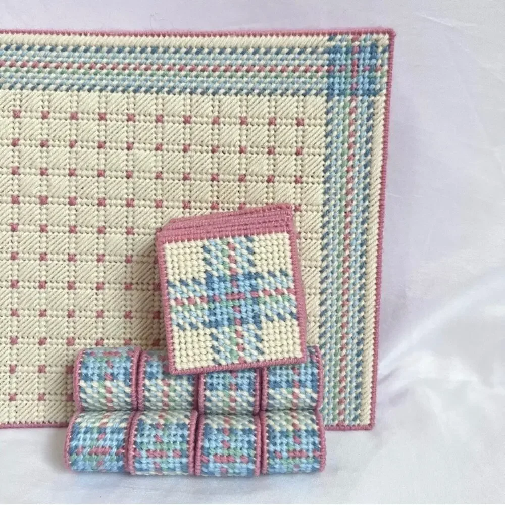 NEEDLEPOINT Vintage 26pc Placemats Coasters & Napkin Rings Set Table Setting
